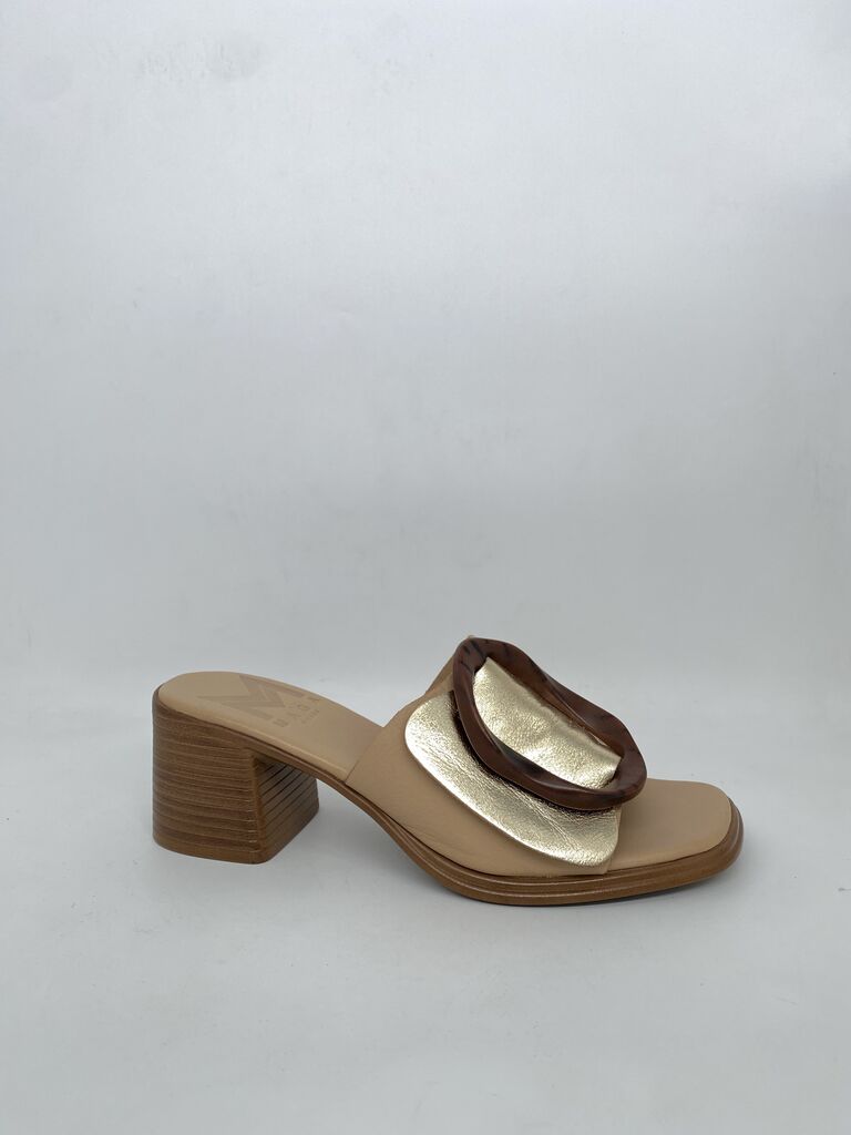 Gold Accent Leather Mules with Wooden Block Heel