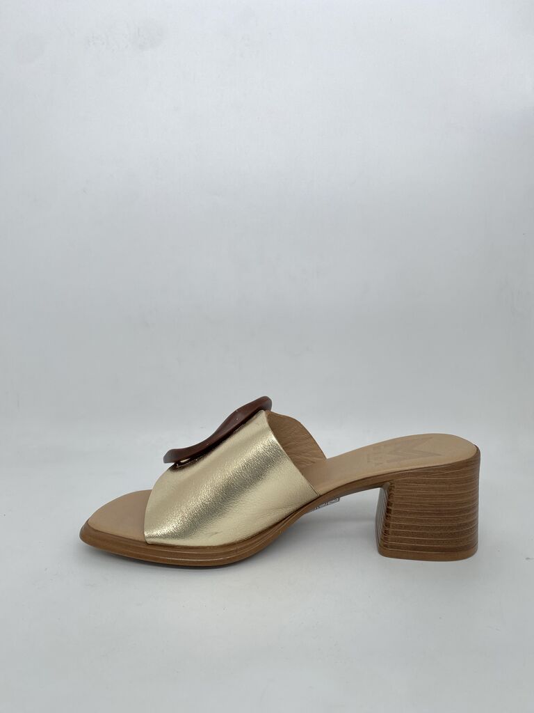 Gold Accent Leather Mules with Wooden Block Heel