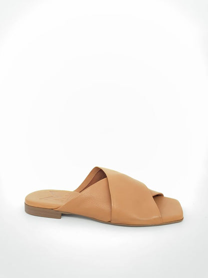 Tan Leather Slide Sandals with Cross Strap Design