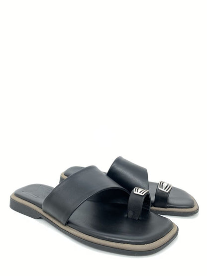 Black Leather Slide Sandal with Toe Strap