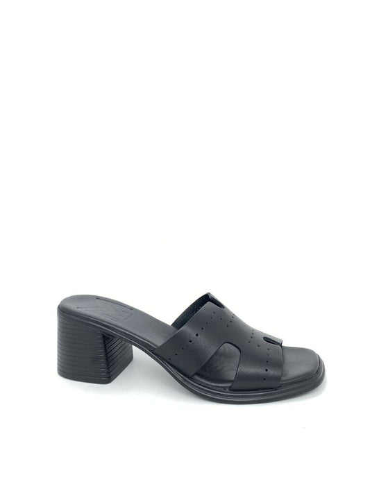 Black Block Heel Slide Sandal with Cutout Details