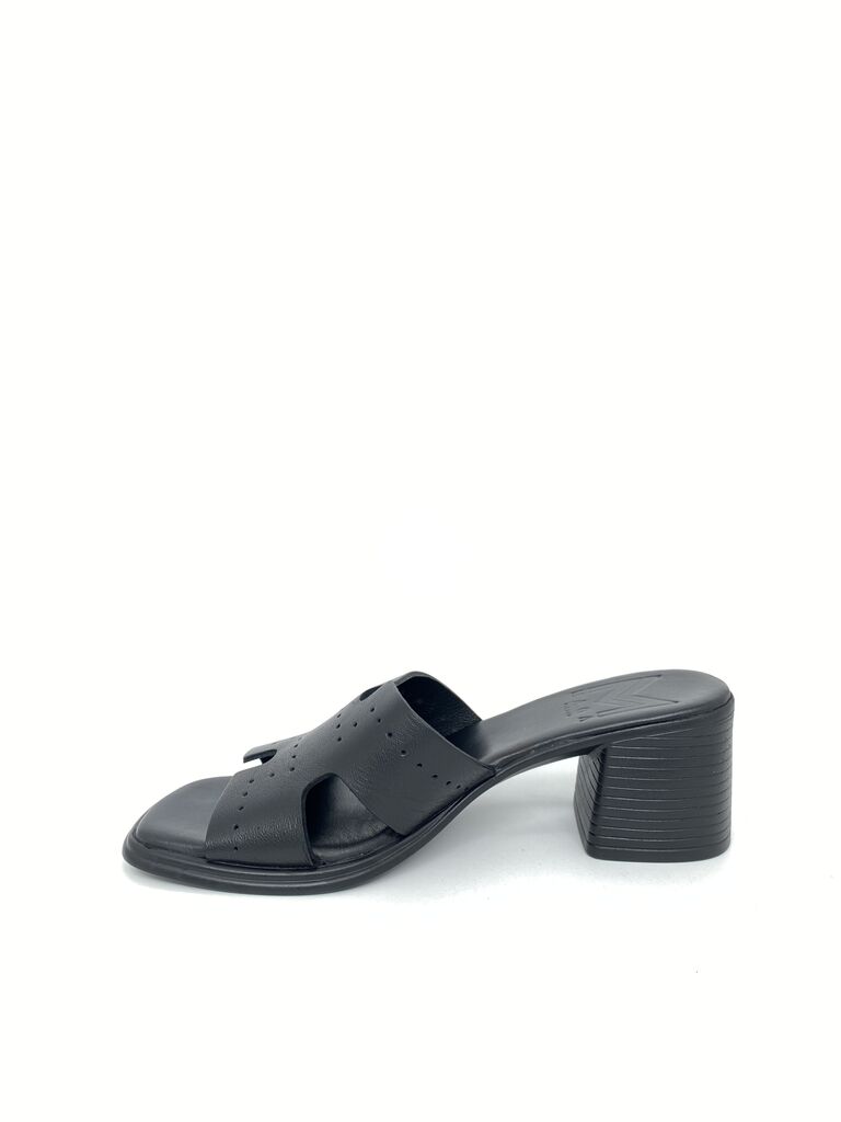Black Block Heel Slide Sandal with Cutout Details