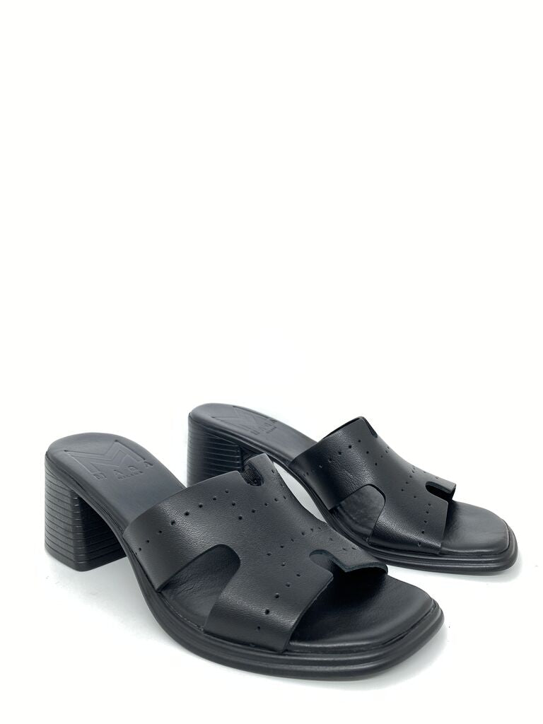 Black Block Heel Slide Sandal with Cutout Details
