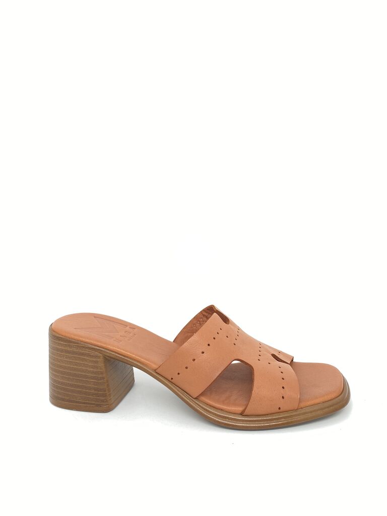 Tan Block Heel Slide Sandal with Cut-Out Detail