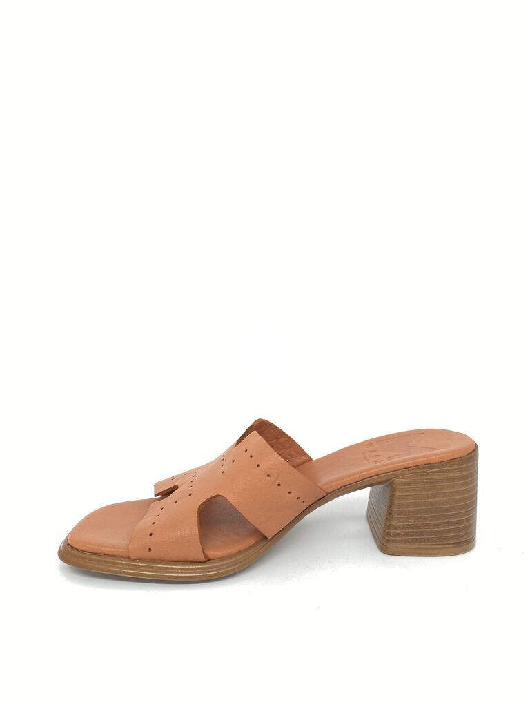Tan Block Heel Slide Sandal with Cut-Out Detail