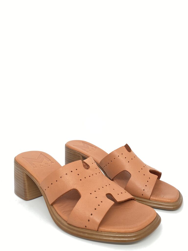 Tan Block Heel Slide Sandal with Cut-Out Detail