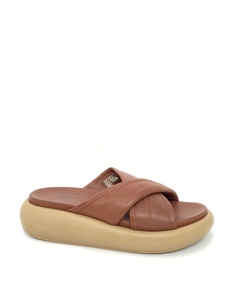 Brown Leather Cross-Strap Platform Sandals