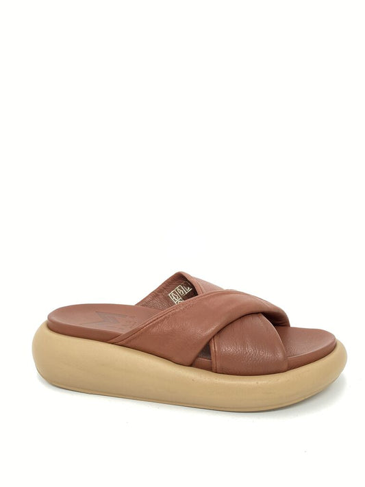 Brown Leather Cross-Strap Platform Sandals