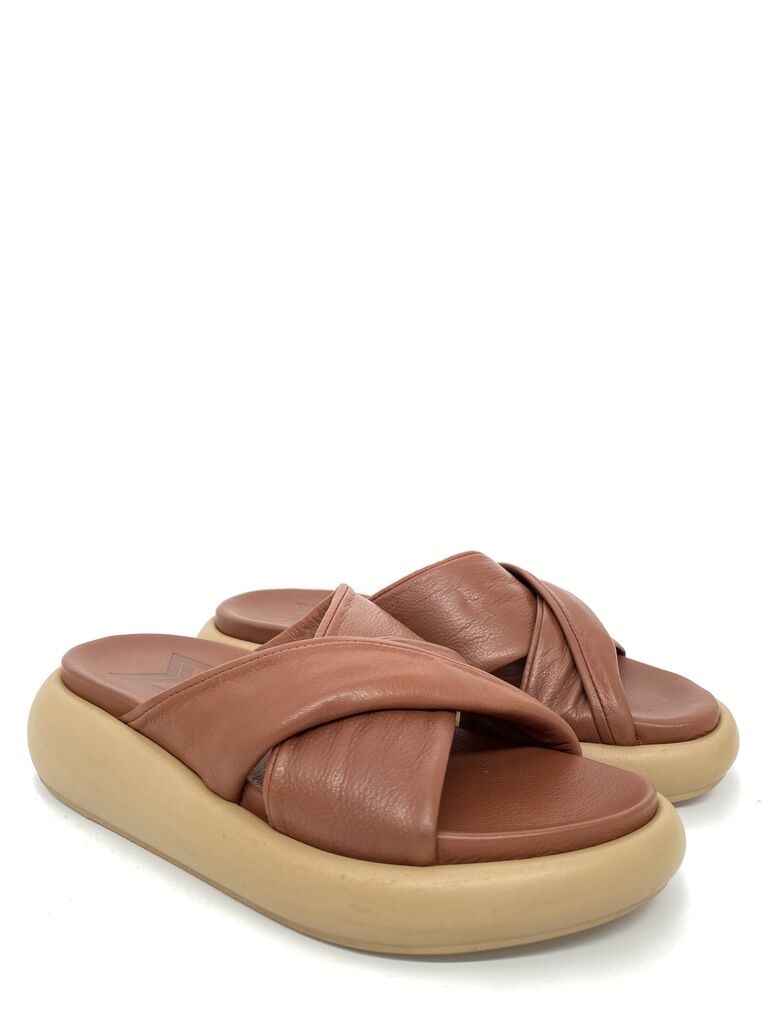 Brown Leather Cross-Strap Platform Sandals