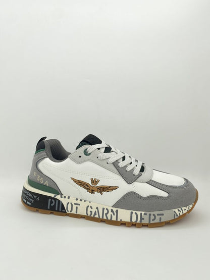 White and Gray Textured Sneakers with Embroidered Logo