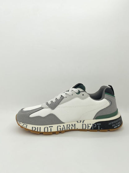 White and Gray Textured Sneakers with Embroidered Logo