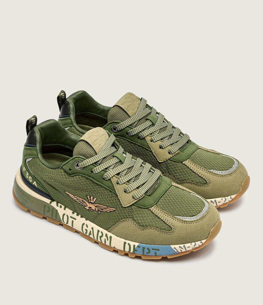 Green Mesh Sneakers with Embroidered Emblem