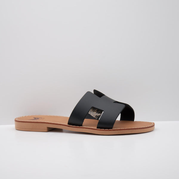 Black Leather Slide Sandals with Cut-Out Design