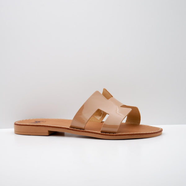 Nude Glossy Slide Sandal with Cutout Design