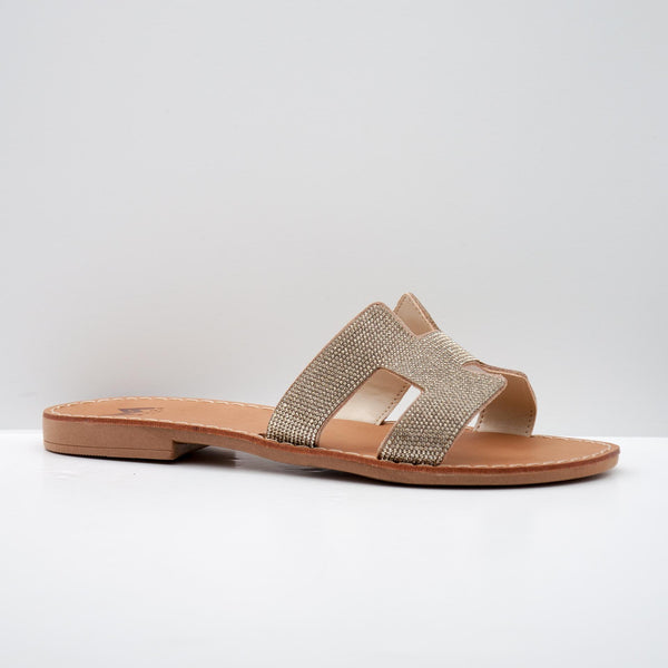 Beige Textured Slide Sandals with Cutout Design