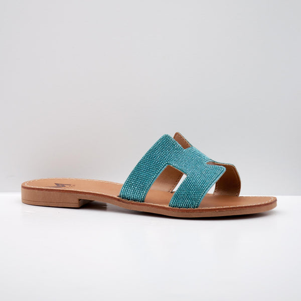 Turquoise Textured Slide Sandals with Cutout Design