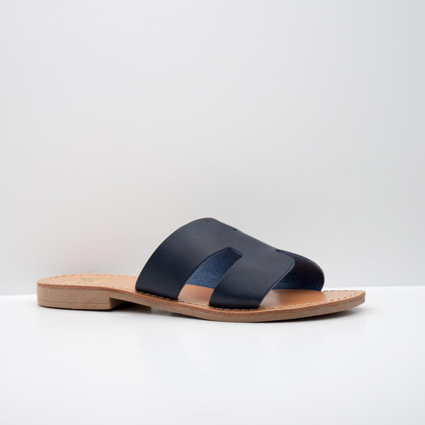 Navy Leather Slide Sandals with Cutout Design