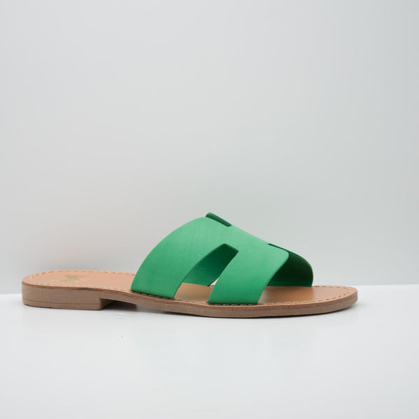 Green Leather Slide Sandal with Open Design