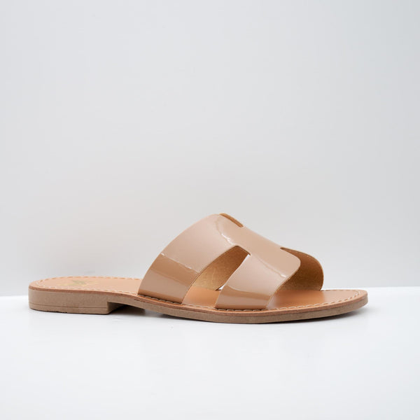 Beige Patent Slide Sandals with Wide Strap