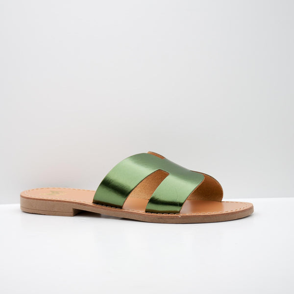 Green Metallic Open-Toe Slide Sandal