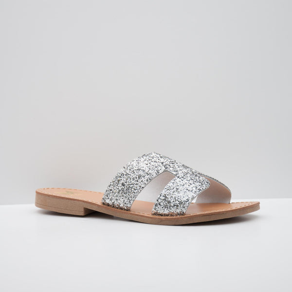 Silver Glitter Slide Sandals with Open Toe