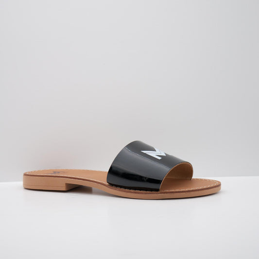 Black Glossy Slide Sandals with Logo Accent