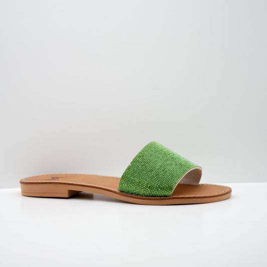 Green Textured Slide Sandal with Flat Heel