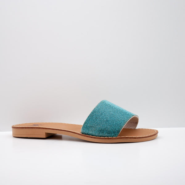 Turquoise Textured Slide Sandal with Flat Heel