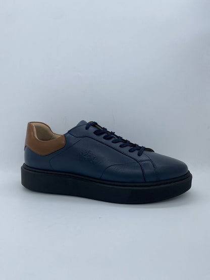 Navy Leather Platform Sneaker with Brown Accent