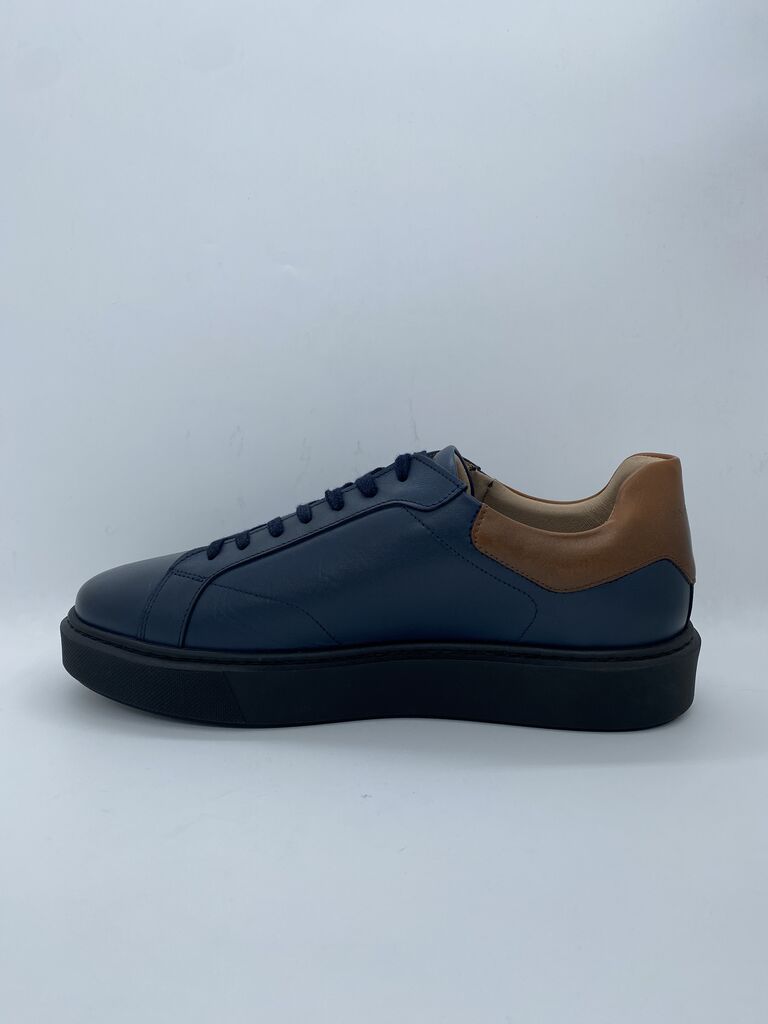 Navy Leather Platform Sneaker with Brown Accent