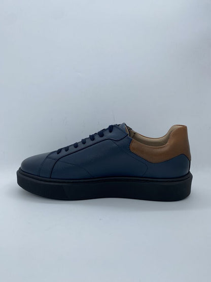 Navy Leather Platform Sneaker with Brown Accent