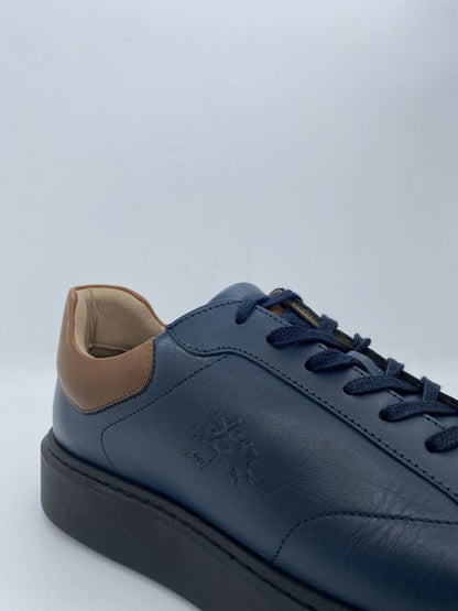 Navy Leather Platform Sneaker with Brown Accent
