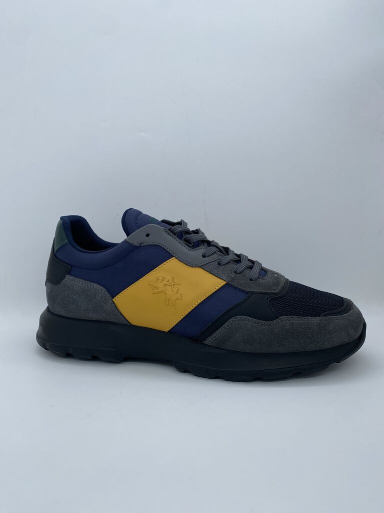 Blue Yellow Suede Sneakers with Logo Accent