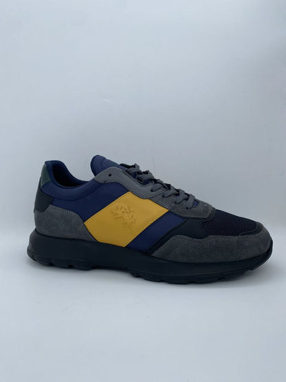 Blue Yellow Suede Sneakers with Logo Accent