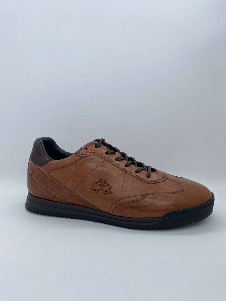 Brown Leather Sneaker with Embossed Logo
