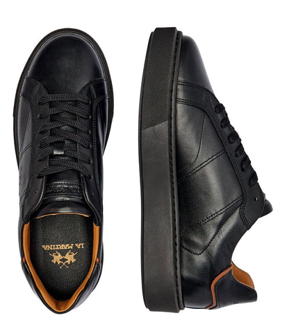 Black Leather Platform Sneakers with Embossed Detail