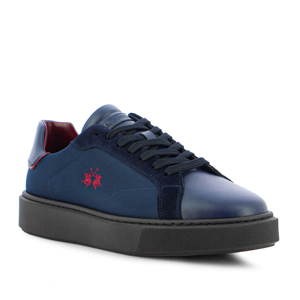 Navy Blue Canvas Sneakers with Red Embroidery