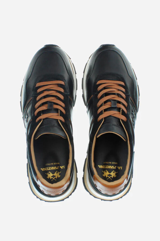 Black Leather Sneaker with Tan Accents