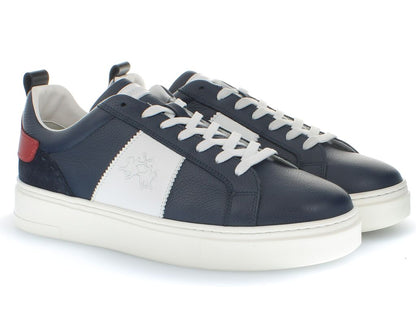 Navy Leather Sneakers with Embossed Logo