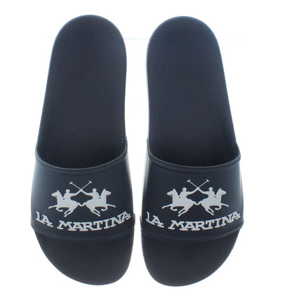 Navy Slide Sandals with Logo Accent