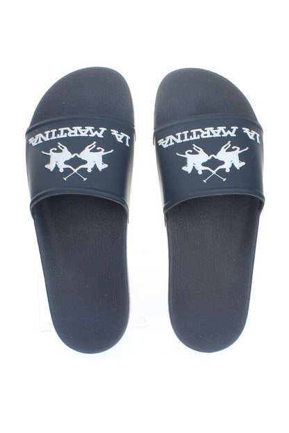 Navy Slide Sandals with Logo Accent
