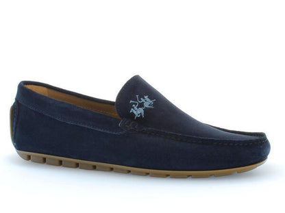 Navy Suede Loafers with Embroidered Accent