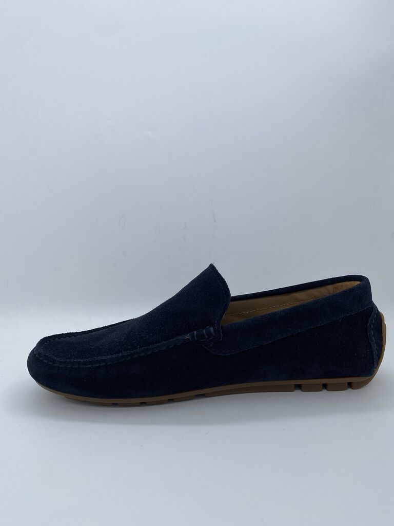 Navy Suede Loafers with Embroidered Accent