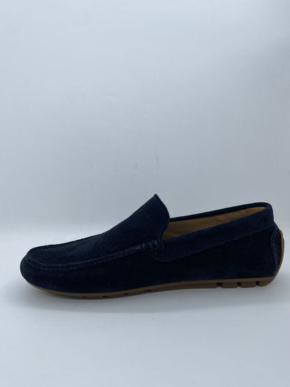 Navy Suede Loafers with Embroidered Accent