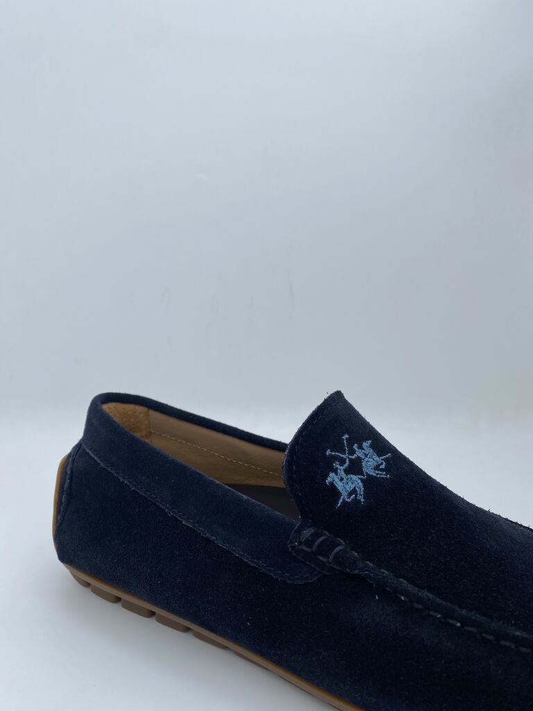 Navy Suede Loafers with Embroidered Accent