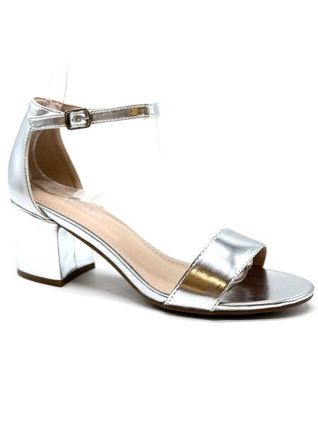 Silver Metallic Block Heel Sandal with Ankle Strap