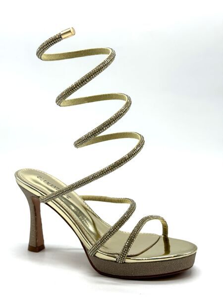 Gold Spiral-Strap Heeled Sandal with Rhinestone Detail