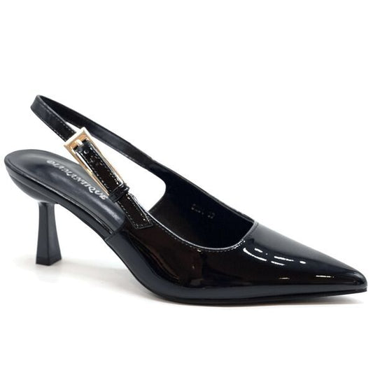 Black Patent Leather Slingback Pumps with Buckle