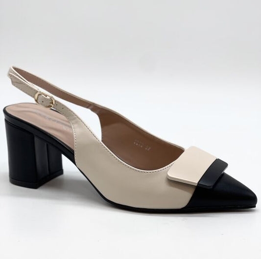 Black Beige Slingback Pumps with Block Heel