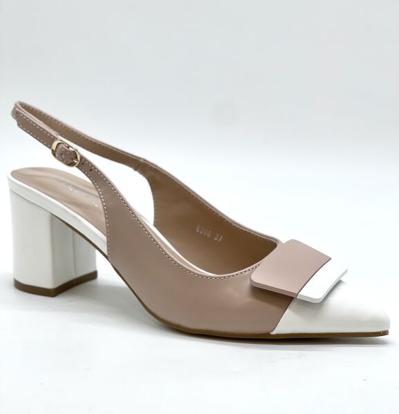 Neutral Leather Block Heel Slingback with Buckle